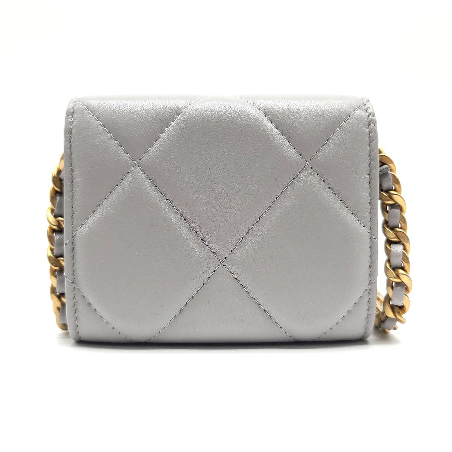 Chanel 19 Flap Coin Purse With Chain Gray Quilted Lambskin