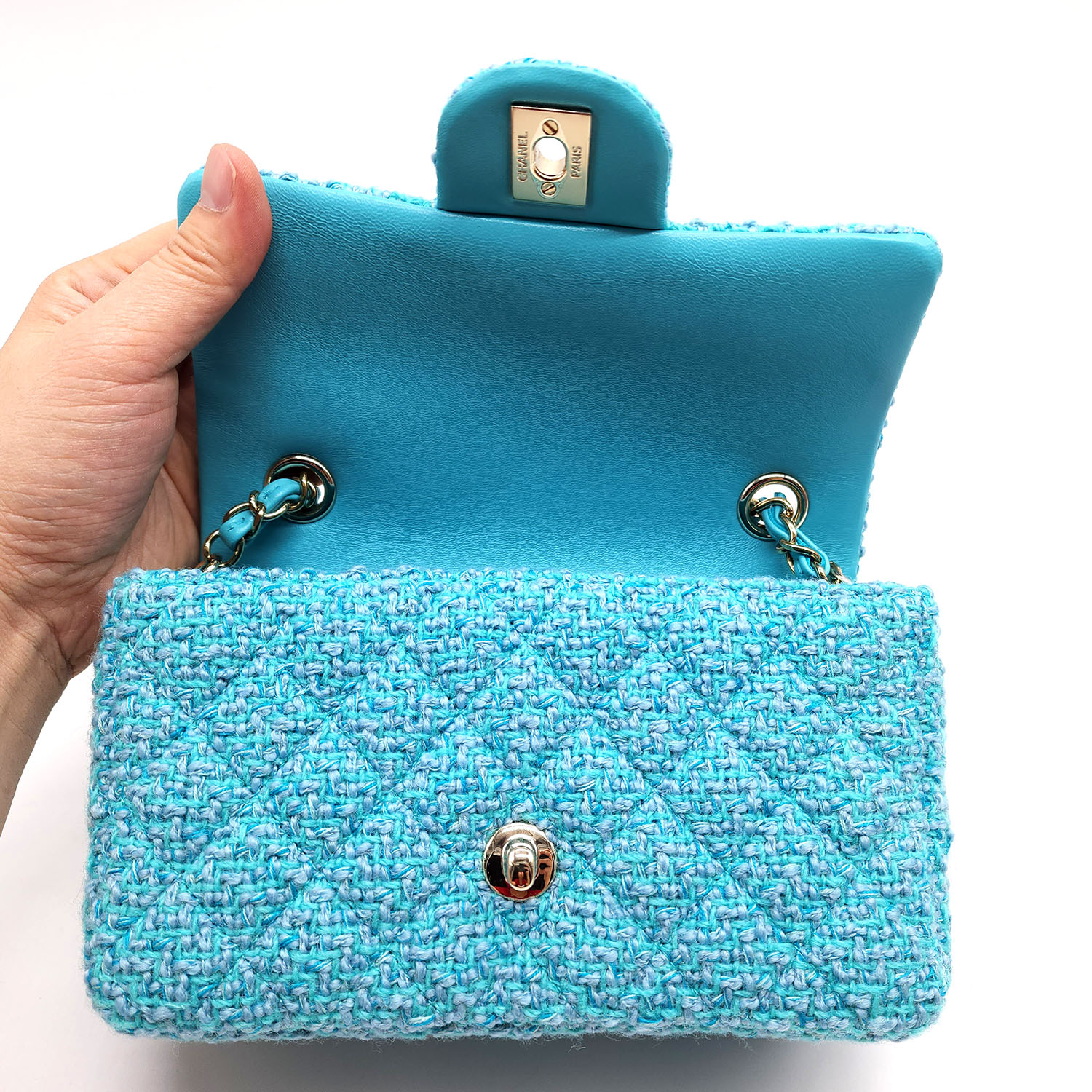 Chanel Mini Flap Bag Wool Tweed Turquoise